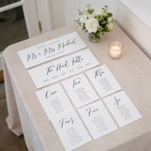 a wedding invitation table with a white tablecloth, a vase of white flowers, and a lit candle. The table displays a seating chart for the wedding ceremony, with the names of the bride and groom and their respective seats.