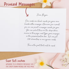 The image is a printed message card with a handwritten note and a blank space for a personalized message. The card is 5x5 inches in size, and it can be upgraded to a printed message via the drop down menus on this page.