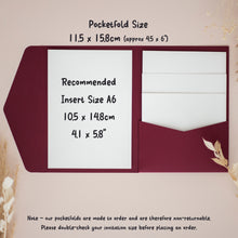 a red pocketfold with a white insert size A6, along with a note indicating that the pocketfold is non-returnable and that the user should double-check their invitation size before placing an order.