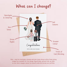 The image is a wedding card featuring a bride, groom, and their child. The card displays various details about the couple's design, such as hairstyles, dresses, skin tones, dress styles, trouser colors, suit colors, and front of the card wording.