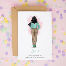 a greeting card with an illustration of a woman in a green shirt and brown pants, standing with her back to the viewer. The card is placed on a background of colorful confetti.