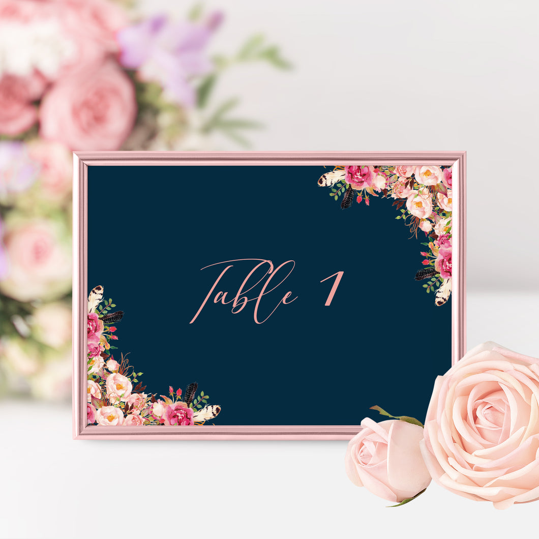 Navy & Pink Boho Floral, Table Number Cards #026