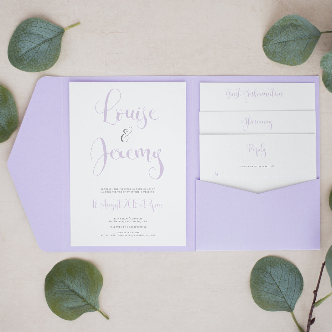 Grey & Dusty Lilac, Pocketfold Invitations, PF-034