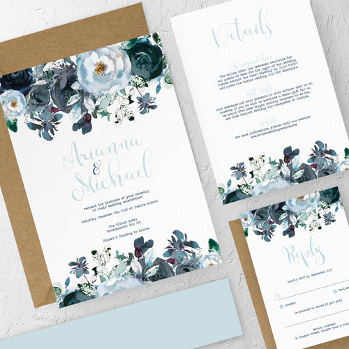 Navy & Dusty Blue Boho Florals, Wedding Invitation Suites and Bundles, #2377