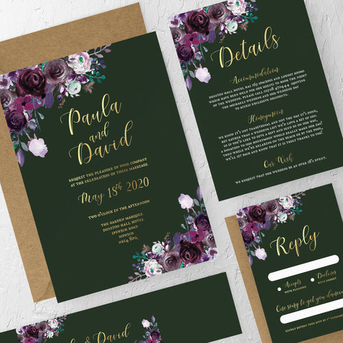 Gold Foil, Forrest Green & Purple Flowers, Wedding Invitation Suites and Bundles, #2445