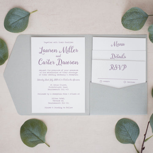 Dove Grey & Mauve, Pocketfold Invitations, PF-002