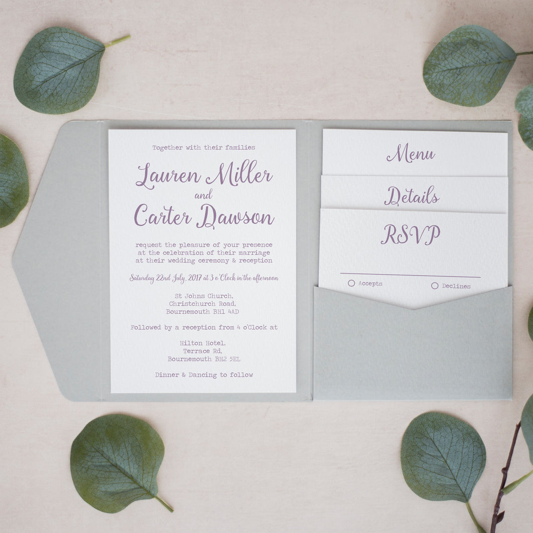 Dove Grey & Mauve, Pocketfold Invitations, PF-002