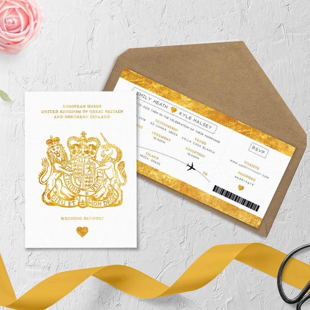 Gold Leaf // Passport & Boarding Pass Invitations // #4009