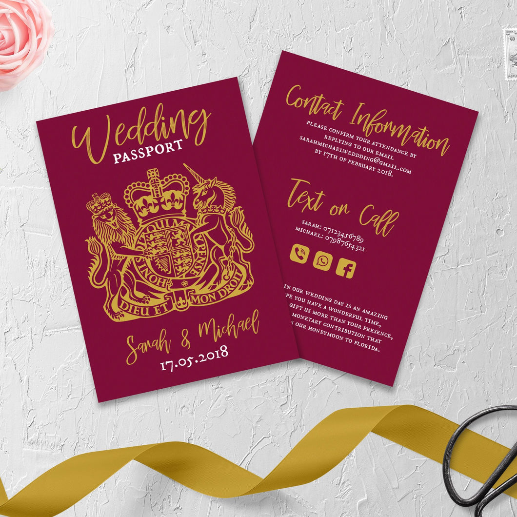 Burgundy & Gold // Passport & Boarding Pass Invitations // #4021