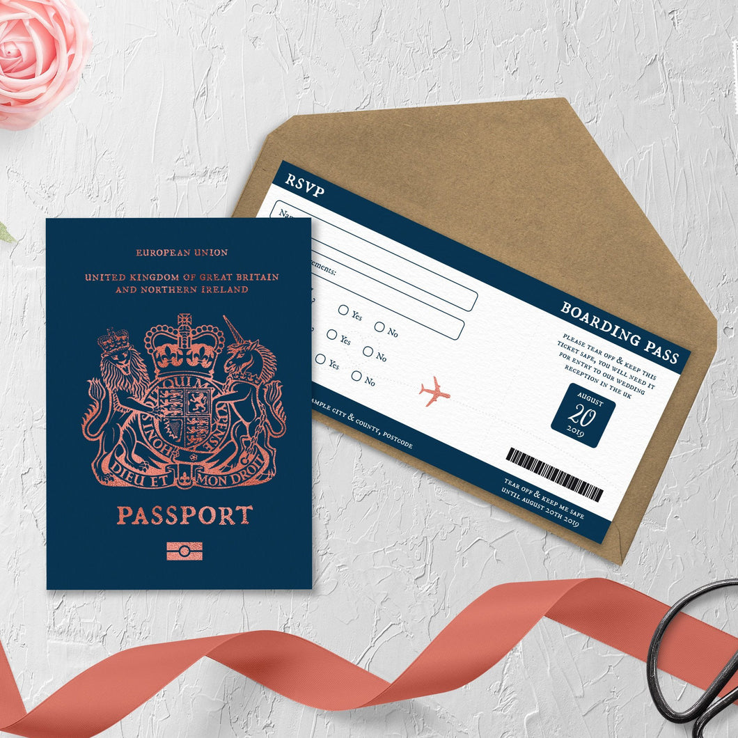 Navy & Rose Gold // Passport & Boarding Pass Invitations // #4022