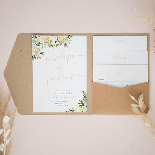 Ivory Rustic Florals, Pocketfold Invitations, PF-039