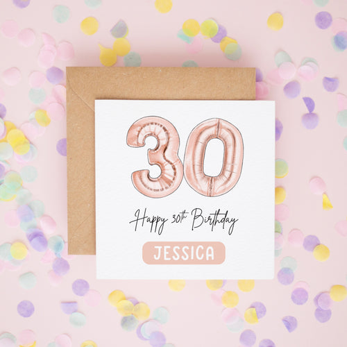 Rose Gold Balloon 30th Birthday Card