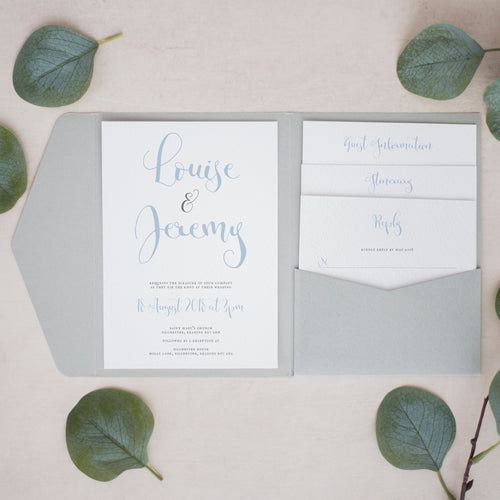 Grey & Dusty Blue, Pocketfold Invitations, PF-022