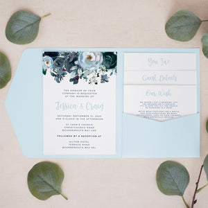 Navy & Blue Flowers, Pocketfold Invitations, PF-042