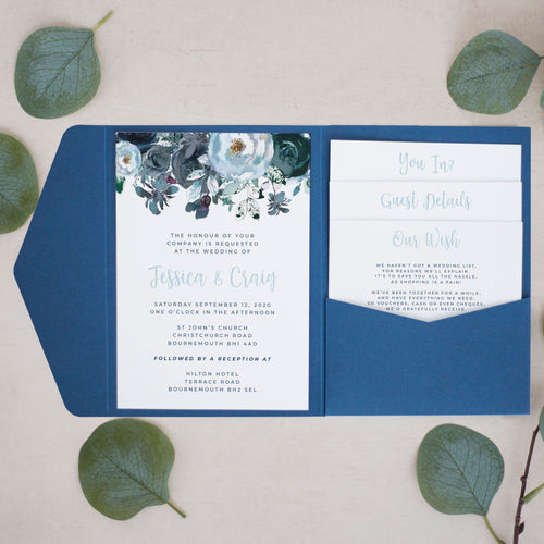 Navy & Blue Flowers, Pocketfold Invitations, PF-042