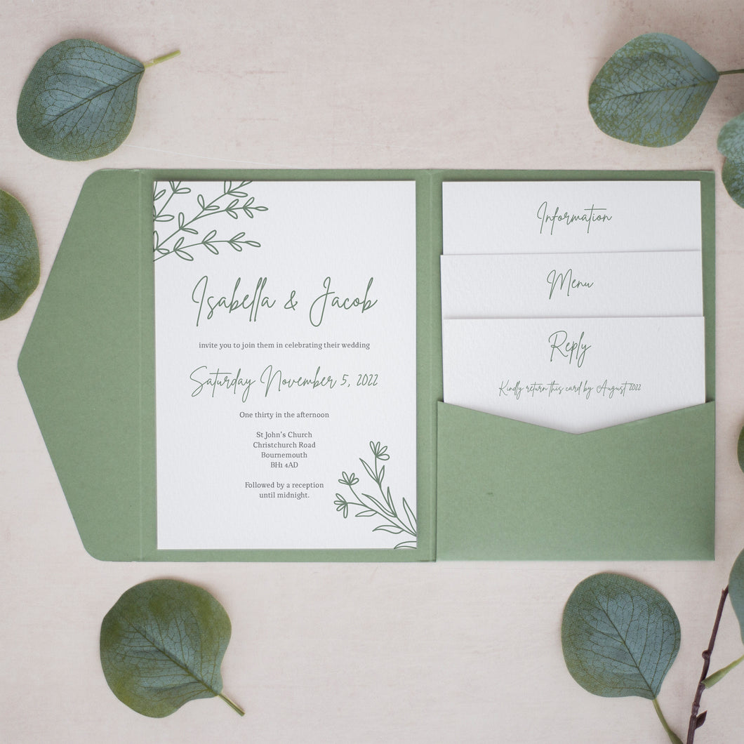 Green Botanical, Pocketfold Invitations, PF-051