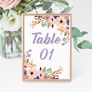 Blush & Violet Boho Florals // Wedding Table Number Cards // 003