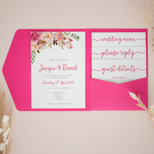 Hot Pink Flowers, Pocketfold Invitations, PF-037