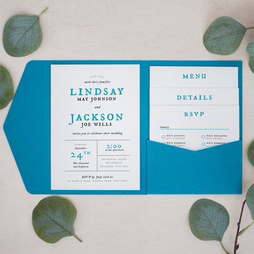 Teal & White, Pocketfold Invitations, PF-029